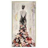 Canvas Painting - Back View of Woman in Black Gown Adorned with Floral Bouquet Details