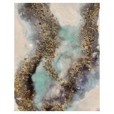 Abstract Canvas Painting - Teal & White with Gold Glitter Accents - #1