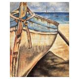 Seascape Canvas Painting - Coastal Boat at Shore, Framed