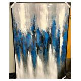 Abstract Painting - Blue & White Vertical Strokes with Black Accents