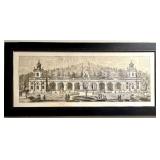 Antique Engraved Print Framed: Neoclassical Garden Pavilion & Fountain Scene