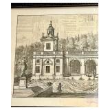 Antique Engraved Print Framed: Neoclassical Garden Pavilion & Fountain Scene