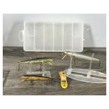 4 - Fishing Lures and 1 Plano Plastic Tackle Box -Heddon Wood Cobra - Original Rapala Finland - Rapala - Brooks Reefer