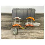 Plastic Plano Tackle Box with 5 Fishing Lures & Knife Sharpener - L&S Spin Mirror Lure - Lazy Ike 3 - Mercoy Mercury Minnow Fishing Lure - X5