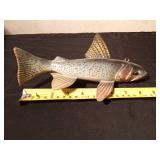 Signed 2009 Hand carved/painted wood Trout spearing fish decoy with metal fins by R. Whittier