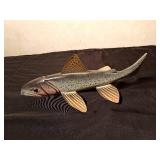 Signed 2009 Hand carved/painted wood Trout spearing fish decoy with metal fins by R. Whittier