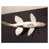 Signed 2009 Hand carved/painted wood Trout spearing fish decoy with metal fins by R. Whittier