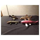 2 Signed hand carved/painted spearing fish decoys and 2 other fish decoys