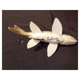 Signed 2009 Hand carved/painted wood Trout spearing fish decoy with metal fins by R. Whittier