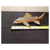 Signed 2009 Hand carved/painted wood Bass spearing fish decoy with metal fins by R. Whittier