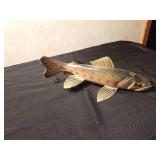 Signed 2009 Hand carved/painted wood Bass spearing fish decoy with metal fins by R. Whittier