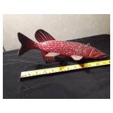 Signed 2009 Hand carved/painted wood Northern Pike spearing fish decoy with metal fins by R. Whittier