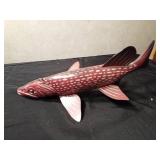Signed 2009 Hand carved/painted wood Northern Pike spearing fish decoy with metal fins by R. Whittier