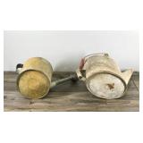 2 - Vintage Metal Watering Cans - One has a wooden handle