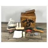 Vintage Wooden Shoe Shine Box 5 Cent with Foot Rest, Brass Latches and Accessories