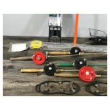 Ice Fishing Equipment - 7 Vintage Rods & Reels - 2 HT Balance Rod Holders - Ice Scoop - Stringer - Hook Remover - Ice Cleats