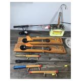Fishing Equipment - 2 Wood Polar II Tip Ups - Large Minnow Nets - Ice Scoops - Ice Fishing Rods and Reels - Gaff - 2 Wire Fish Baskets