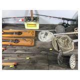 Fishing Equipment - 2 Wood Polar II Tip Ups - Large Minnow Nets - Ice Scoops - Ice Fishing Rods and Reels - Gaff - 2 Wire Fish Baskets