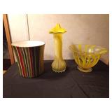 Art Glass Seeded Glass Flared Bowl Yellow Striped pedestal vase. canary yellow Murano style glass tulip vase, and a Oneida striped popcorn bowl
