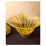 Art Glass Seeded Glass Flared Bowl Yellow Striped pedestal vase. canary yellow Murano style glass tulip vase, and a Oneida striped popcorn bowl