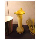 Art Glass Seeded Glass Flared Bowl Yellow Striped pedestal vase. canary yellow Murano style glass tulip vase, and a Oneida striped popcorn bowl