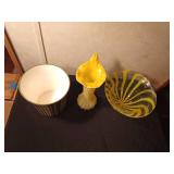 Art Glass Seeded Glass Flared Bowl Yellow Striped pedestal vase. canary yellow Murano style glass tulip vase, and a Oneida striped popcorn bowl