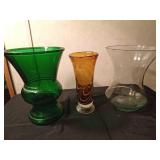 Vintage Napco forest green glass urn-shaped vase,  vinatge amber and white swirl art glass footed vase, Vintage blown glass vase with a subtle green tint