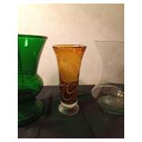 Vintage Napco forest green glass urn-shaped vase,  vinatge amber and white swirl art glass footed vase, Vintage blown glass vase with a subtle green tint