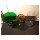 Vintage Napco forest green glass urn-shaped vase,  vinatge amber and white swirl art glass footed vase, Vintage blown glass vase with a subtle green tint