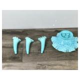 Fenton Turquoise Hobnail 3 Horn Trumpet Epergne Bud Vase 1950s 6.5"