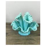Fenton Turquoise Hobnail 3 Horn Trumpet Epergne Bud Vase 1950s 6.5"