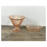 2 - Vintage Pieces of Pink Depression Glass / Candy Dish & Relish Dish
