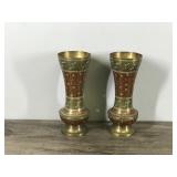 Vintage Brass Vase Etched and Hand Painted Colorful Floral Design 8” India