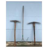 2 - Vintage Pick Axes and 1 Metal Rake