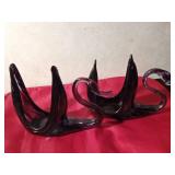 2 hand-blown purple/clear swirling design glass swans