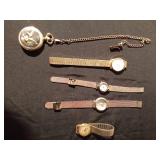 4 wrist watches and a pocket watch