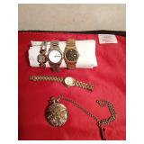 Pocket watch and 4 Vintage wrist watches
