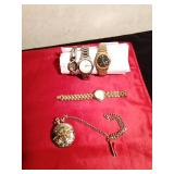 Pocket watch and 4 Vintage wrist watches