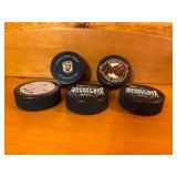 Collectible MN Wild Hockey Pucks including an official game puck, Wild Hockey Mask, Wild Marion Goborick Celebird? (look at pictures)