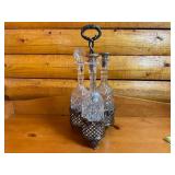 Antique Tantalus Set with Three Cut Glass Decanters and Silver-Plated Stand