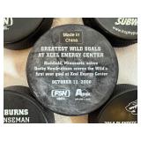 MN Wild Bleacher Creature Nordy Plush Figure with Five MN Wild Souvenir Collectible Hockey Pucks