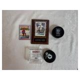 Hockey!  Mario Lucia Autographed Puck, 1990 Eric Lindros Future Super Star Trading Card, Mounted Arturs Irbe Trading Card and Soft Puck