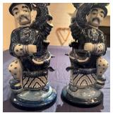 Pair of Vintage Chinese Figural Serpentine Blue and White Ceramic Candle Holders
