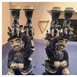 Pair of Vintage Chinese Figural Serpentine Blue and White Ceramic Candle Holders