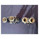 Pair of Vintage Chinese Figural Serpentine Blue and White Ceramic Candle Holders