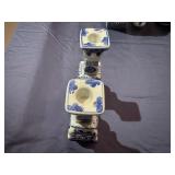 Blue and White Chinoiserie Candle Stick Set 2.5" x2.5" x 7" Tall