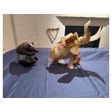 Hand Carved Onyx Elephant (Rear leg broken) and Metal/Glass Bear Statue