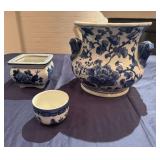 Blue and White Porcelain Planters and Small Bowl