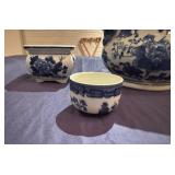 Blue and White Porcelain Planters and Small Bowl