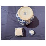 Blue and White Porcelain Planters and Small Bowl
